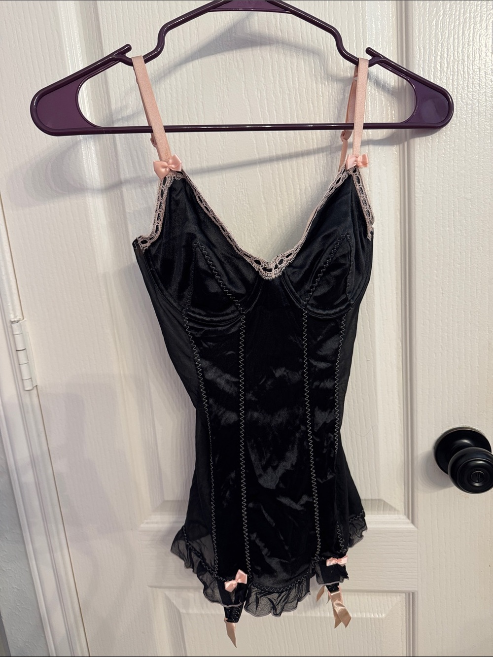 Victoria's Secret Black Satin Chemise with Pink Lace and Straps